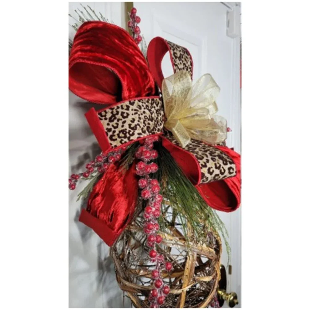 Jumbo Christmas Ornament Hanging Rattan Ornament Drop w Glam Bow, Winter Wreath
